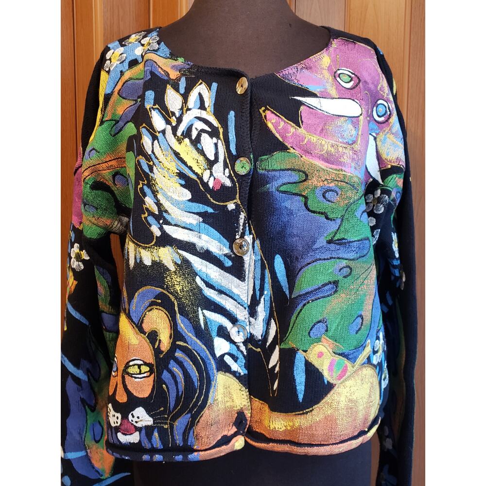 Kolorway size 2 = L/XL vintage colorful button-up sweater - Picture 2 of 5